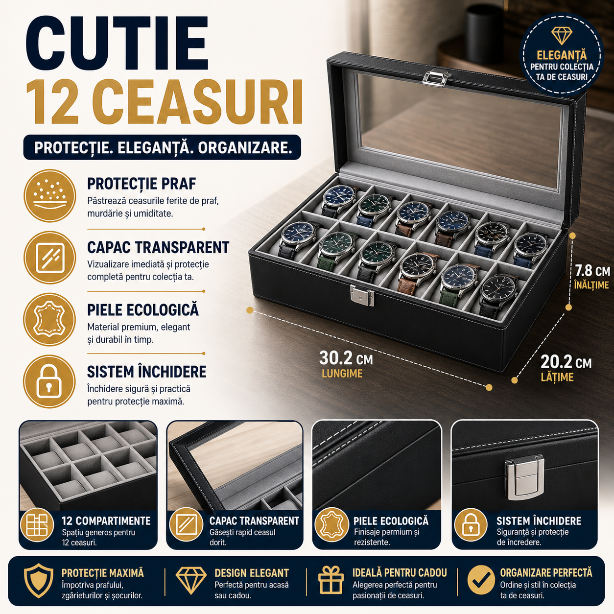 Cutie depozitare pentru 12 ceasuri, Piele Ecologica