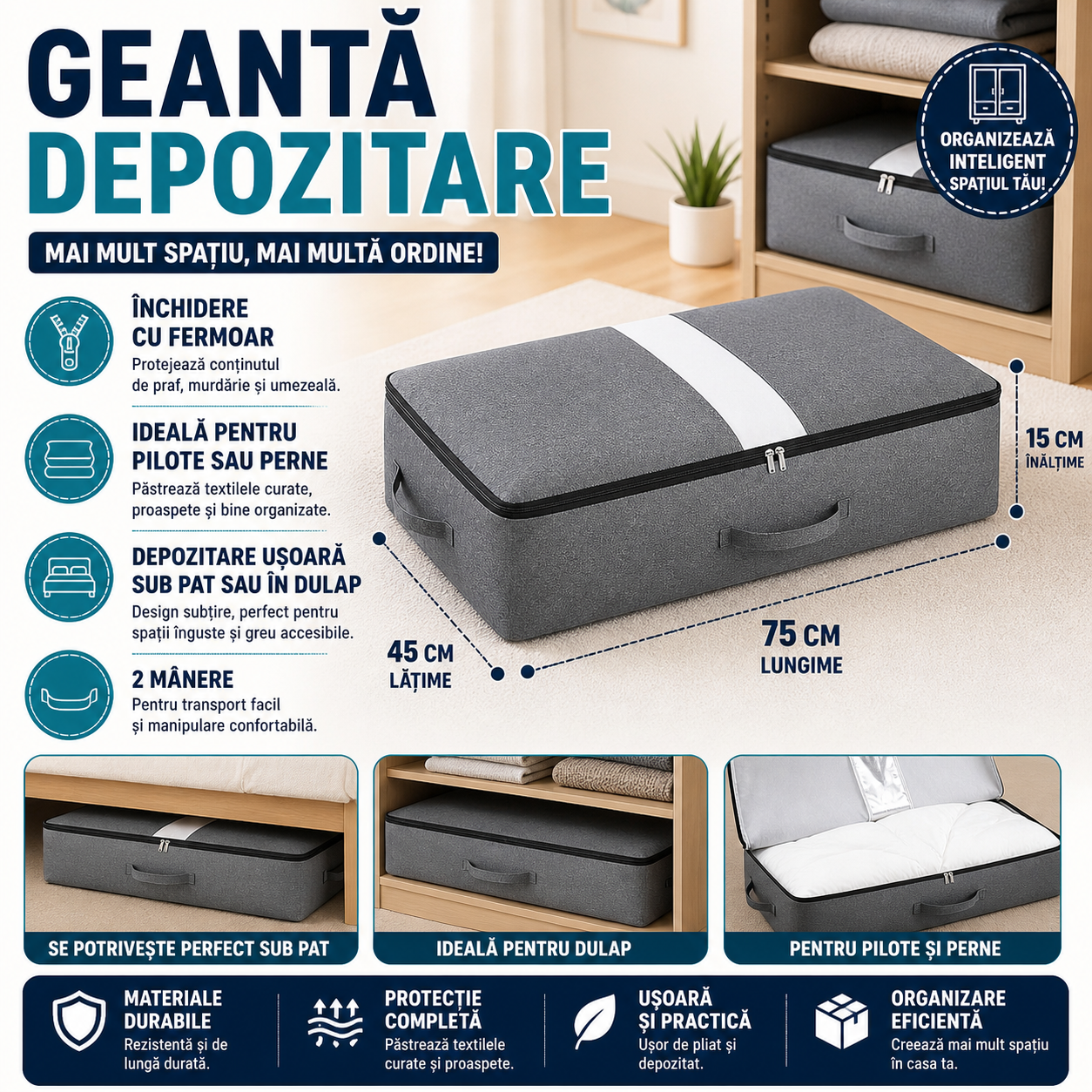 Geanta de depozitare si organizare pentru perne, pilote, haine 75x45x15 cm
