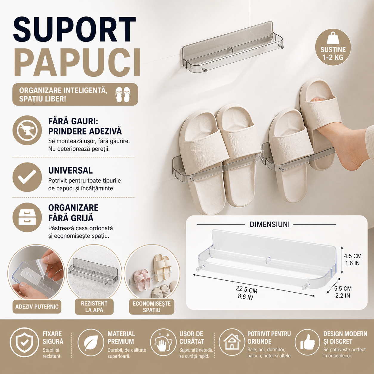Suport pentru papuci, prindere cu sistem dublu adeziv inclus, Transparent