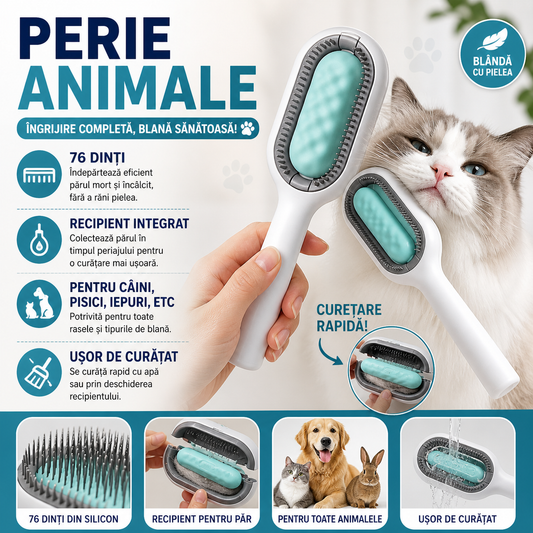 Perie pentru ingrijirea animalelor de companie, indepartarea parului cazut, cu baza de autocuratare, piepteni tari si rola lipicioasa pentru scame, Verde