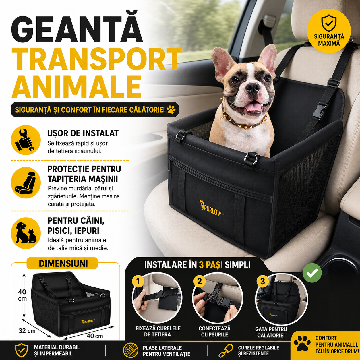 Geanta Transport Animale, Impermeabil, Tip Scaun Auto, Pentru Caine, Pisica, Iepure, 40x40x32cm