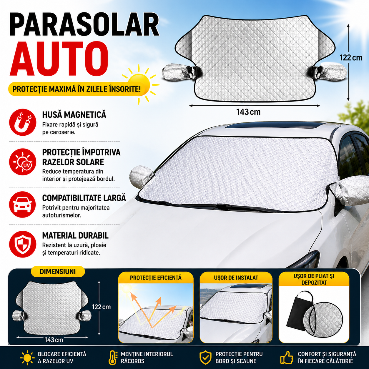 Husa Magnetica pentru Geam, Protectie Parbriz, Protectie impotriva Inghetului si Razelor Solare, Impermeabil, Material Durabil, Siguranta pentru Vopsea, 143 x 122 cm