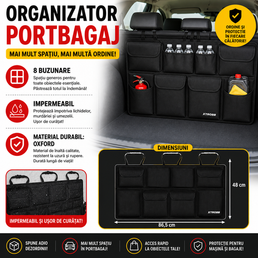 Organizator portbagaj auto, Negru 86.5x48cm, 8 Buzunare, Rezistent la apa