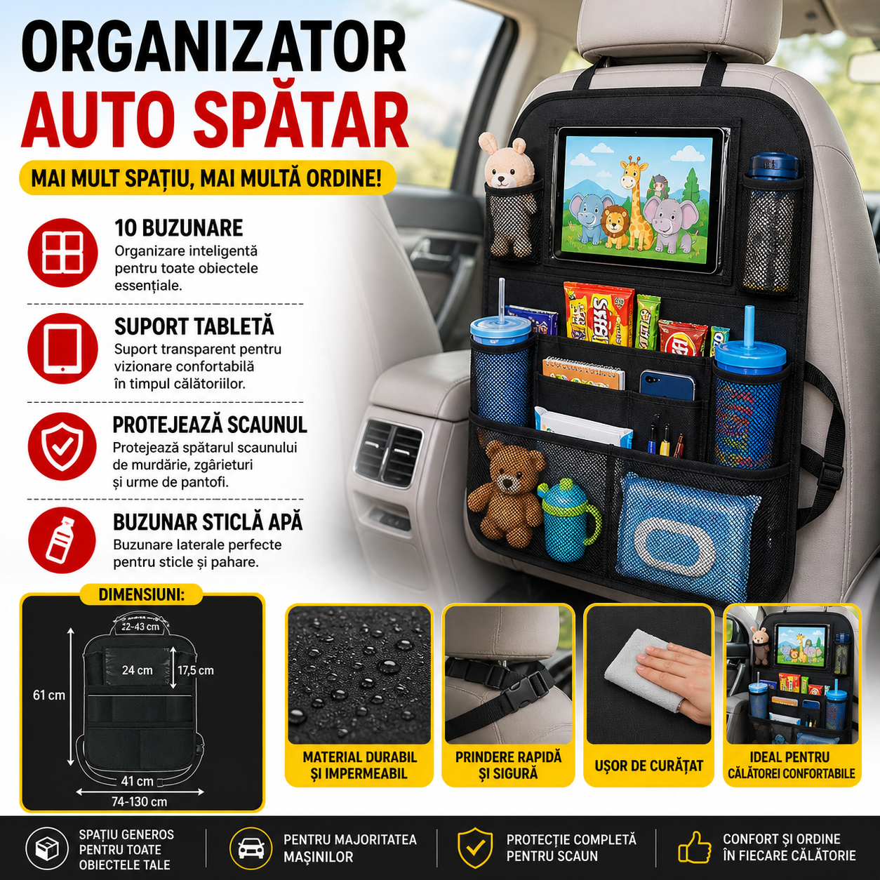 Organizator auto pentru spatarul scaunului, cu 10 buzunare, Suport Tableta, Suport Sticla Apa, Negru