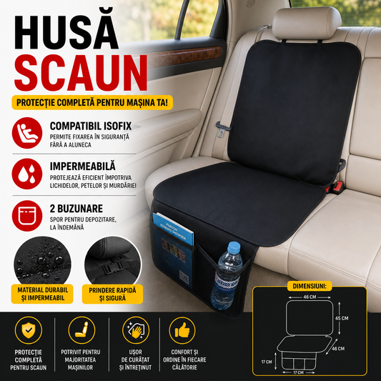 Protectie pentru scaunul auto, Material Impermeabil, Anti Alunecare, Montaj Rapid, Usor de Curatat, 2 Buzunare, Negru