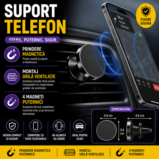 Suport auto magnetic pentru telefon, Reglabil 90°, Prindere aeroterma, Rotire 360 grade, 4.5 x 3.4 x 3.4 cm