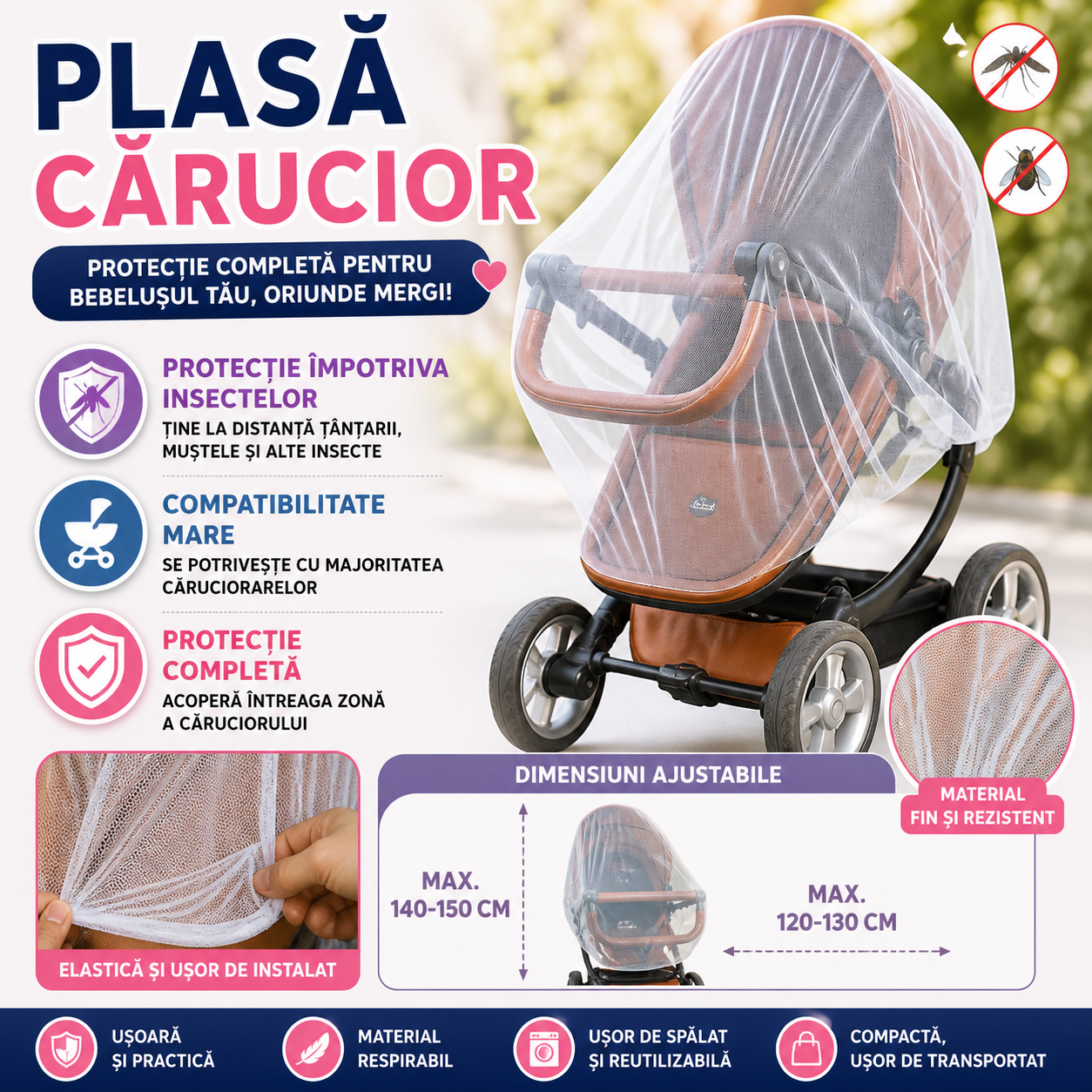 Plasa anti tantari pentru caruciorul de bebelusi, Universal, Poliester