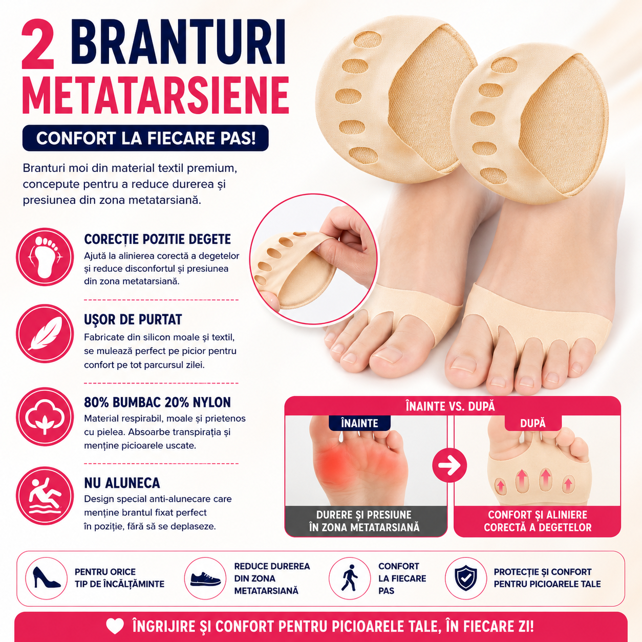 Set 2 branturi metatarsiene pentru incaltaminte, spuma, bumbac, Moi si Confortabile, Marime ajustabila, 8.5 x 8.5 cm, Bej