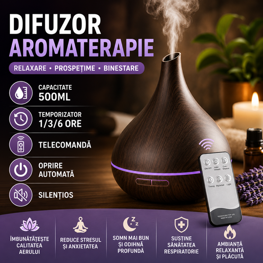 Difuzor de ulei esential, Aromaterapie, Umidificator de aer, Rezervor 500ML, Telecomanda si lumina veghe ajustabila