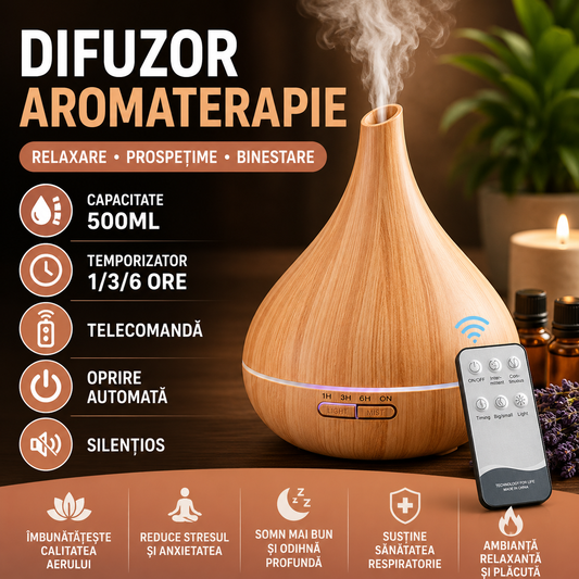 Difuzor de ulei esential, Aromaterapie, Umidificator de aer, Rezervor 500ML, Telecomanda si lumina veghe ajustabila