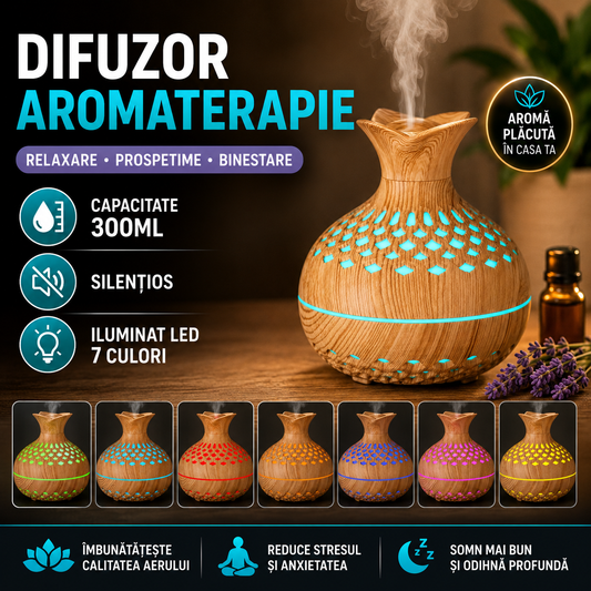 Difuzor de ulei esential, Aromaterapie, Umidificator de aer, Purificator, Rezervor 300ML, Cu iluminat LED