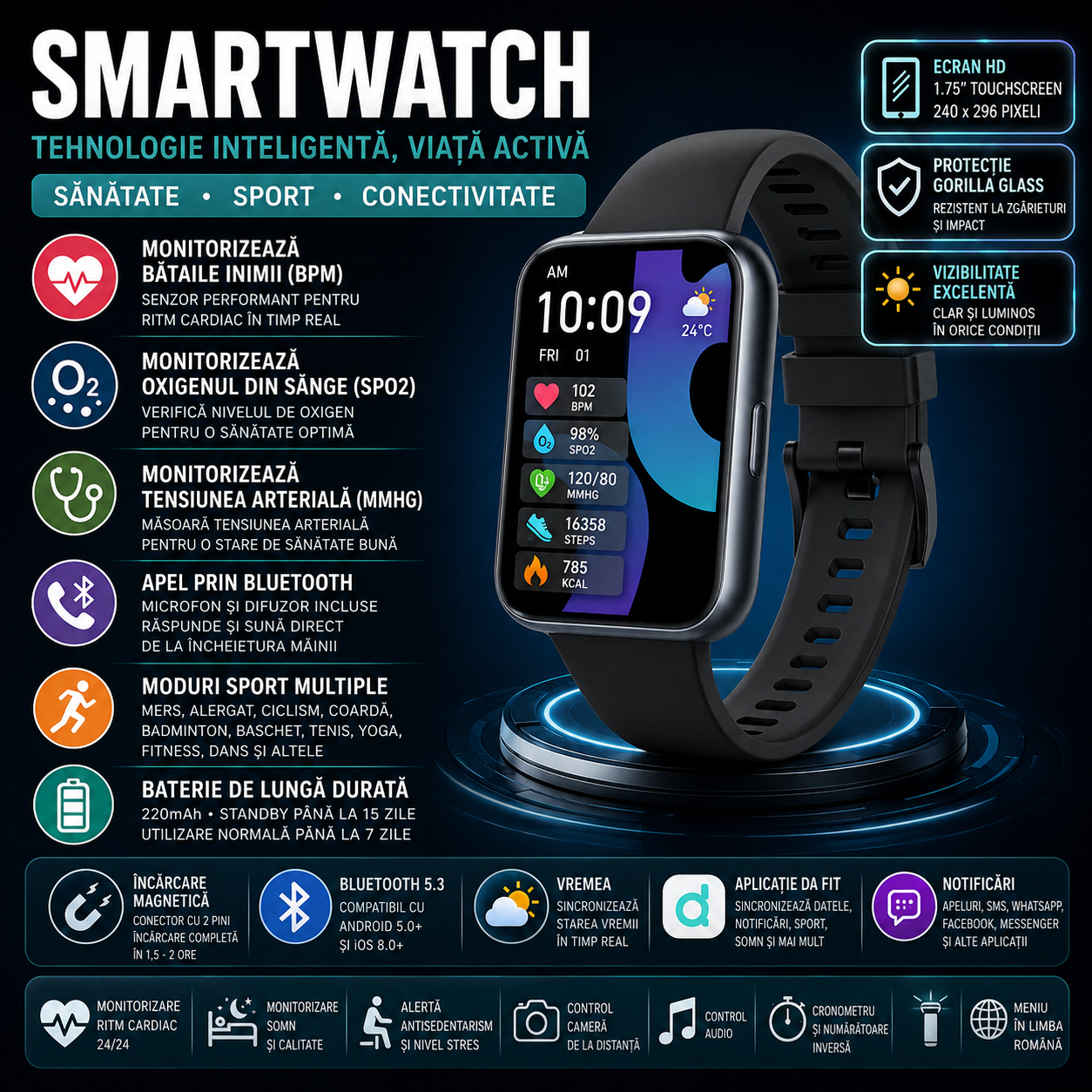 SmartWatch Cu Apel Bluetooth, Ritm Cardiac, Nivel Oxigen, Tensiune Arteriala, Moduri Sport, Calorii, Monitorizare Somn, Meniu RO, Nivel Stres, Calculator S882