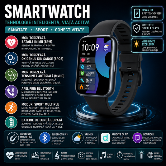 SmartWatch Cu Apel Bluetooth, Ritm Cardiac, Nivel Oxigen, Tensiune Arteriala, Moduri Sport, Calorii, Monitorizare Somn, Meniu RO, Nivel Stres, Calculator S882