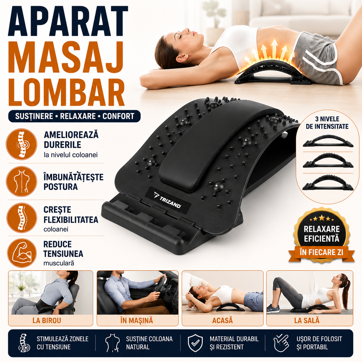 Aparat Pentru Masaj Lombar, Contribuie La Relaxarea Muschilor, Corectarea Posturii, Acupresiune, Tratarea Durerilor De Spate, Albastru/Negru