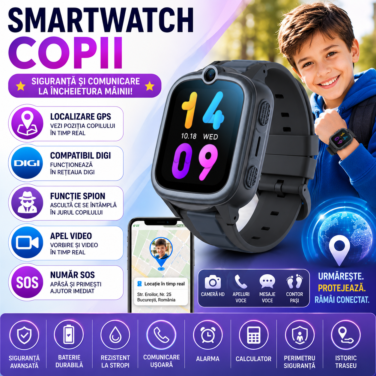 SmartWatch pentru copii cu Functie Telefon (SIM), 4G - Compatibil DIGI, GPS, SOS, Apel Video, Functie Spion, Calculator, S872