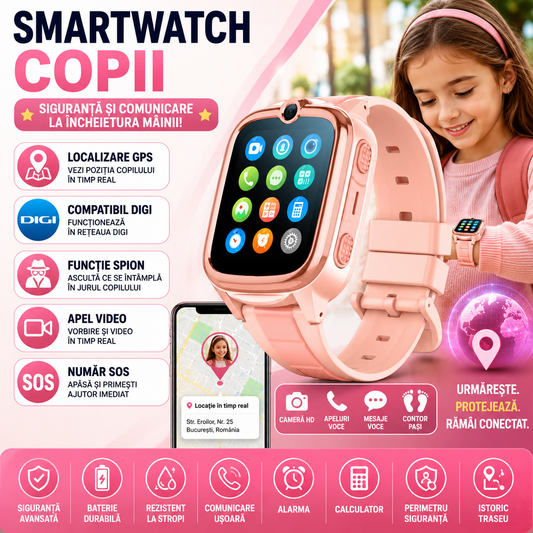 SmartWatch pentru copii cu Functie Telefon (SIM), 4G - Compatibil DIGI, GPS, SOS, Apel Video, Functie Spion, Calculator, S873