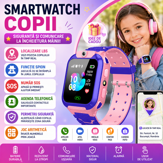 SmartWatch pentru copii cu functie telefon (SIM), 2G, Camera, Functie Monitorizare, Localizare LBS, Apelare SOS, Agenda telefonica, Roz + 🔥 SIM VODAFONE CADOU 🔥