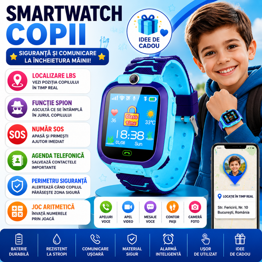 SmartWatch pentru copii cu functie telefon (SIM), 2G, Camera, Functie Monitorizare, Localizare LBS, Apelare SOS, Agenda telefonica, Bleu + 🔥 SIM VODAFONE CADOU 🔥