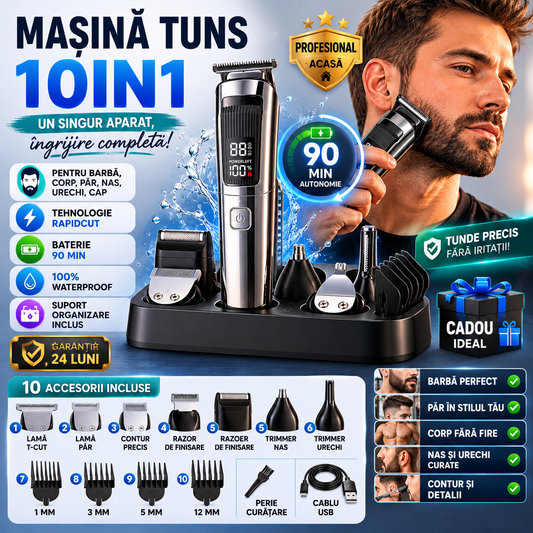 Masina de Tuns Barba si Parul 10  in 1, RapidCut, Autonomie 90 min, Nas, Urechi, Suport, Acumulator