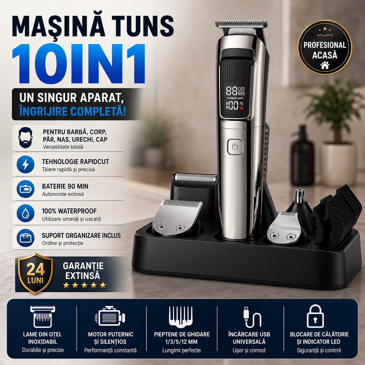 Masina de Tuns Barba si Parul 10  in 1, RapidCut, Autonomie 90 min, Nas, Urechi, Suport, Acumulator