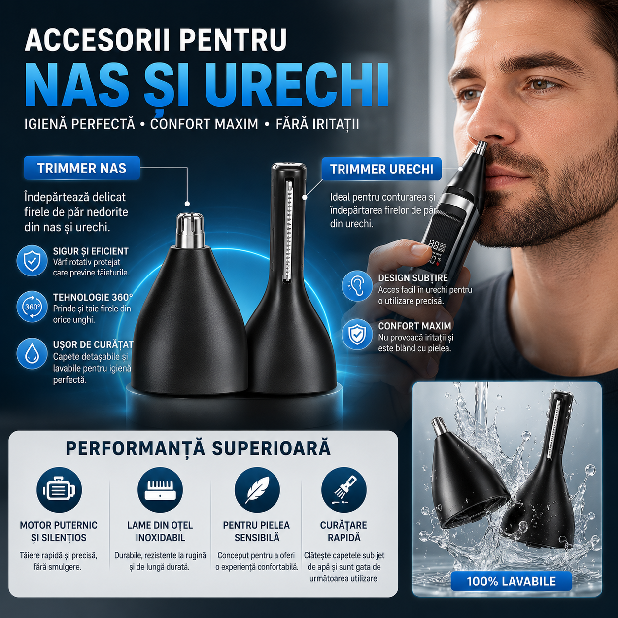 Masina de Tuns Barba si Parul 10  in 1, RapidCut, Autonomie 90 min, Nas, Urechi, Suport, Acumulator