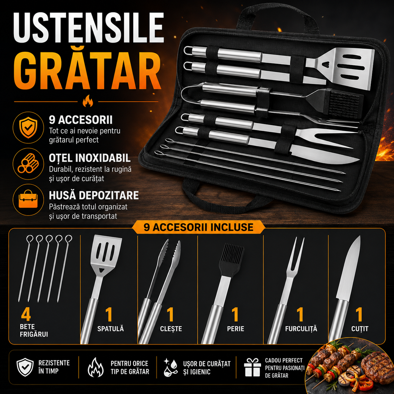 Set 9 Ustensile Gratar, Otel Inoxidabil, Husa Inclusa