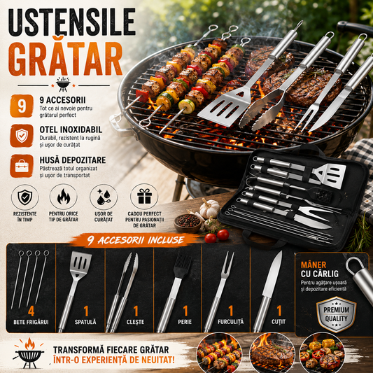 Set 9 Ustensile Gratar, Otel Inoxidabil, Husa Inclusa