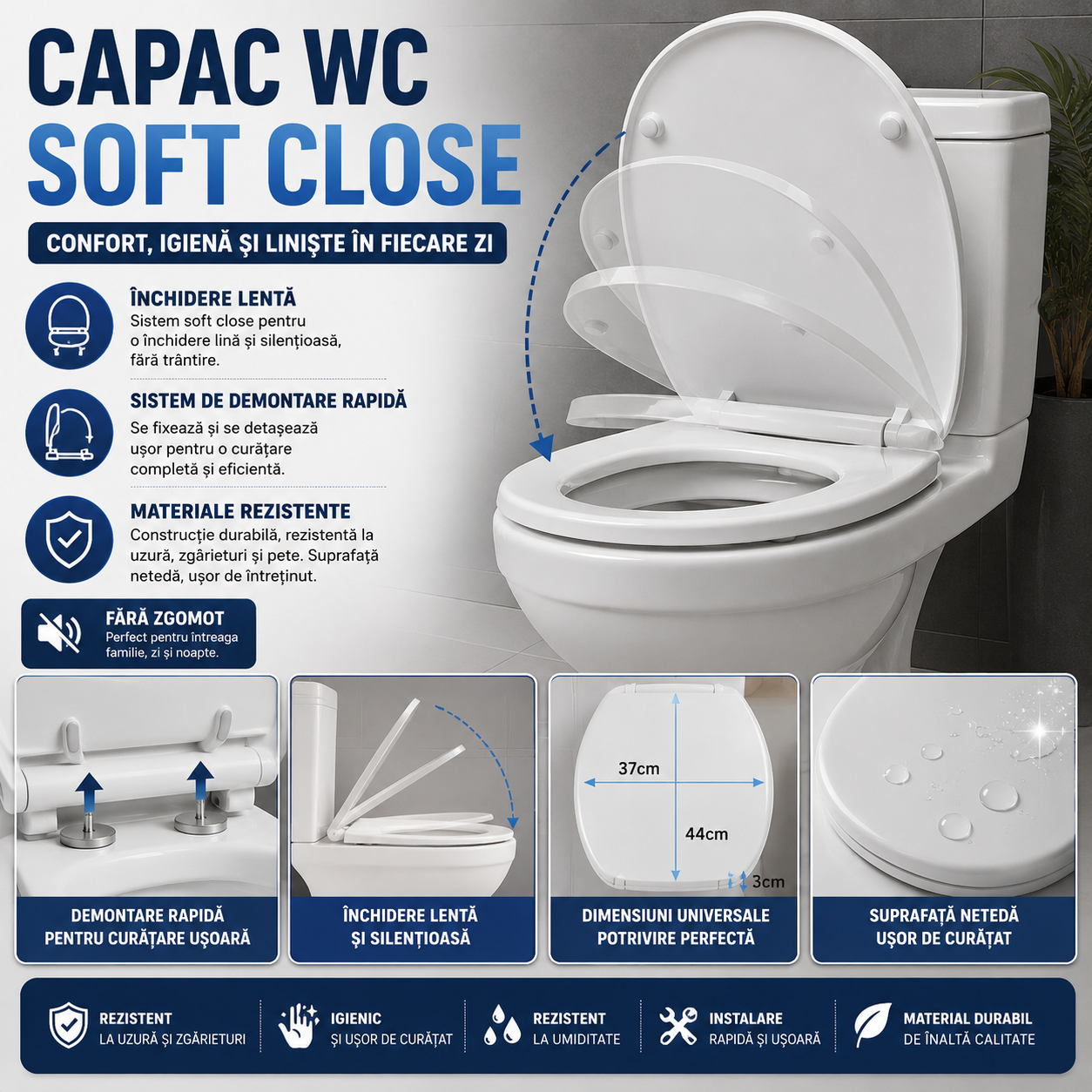 Capac WC cu Soft Close, Sistem Inchidere Lenta, Montaj Universal, Usor de Curatat, Kit de Montaj inclus, Alb
