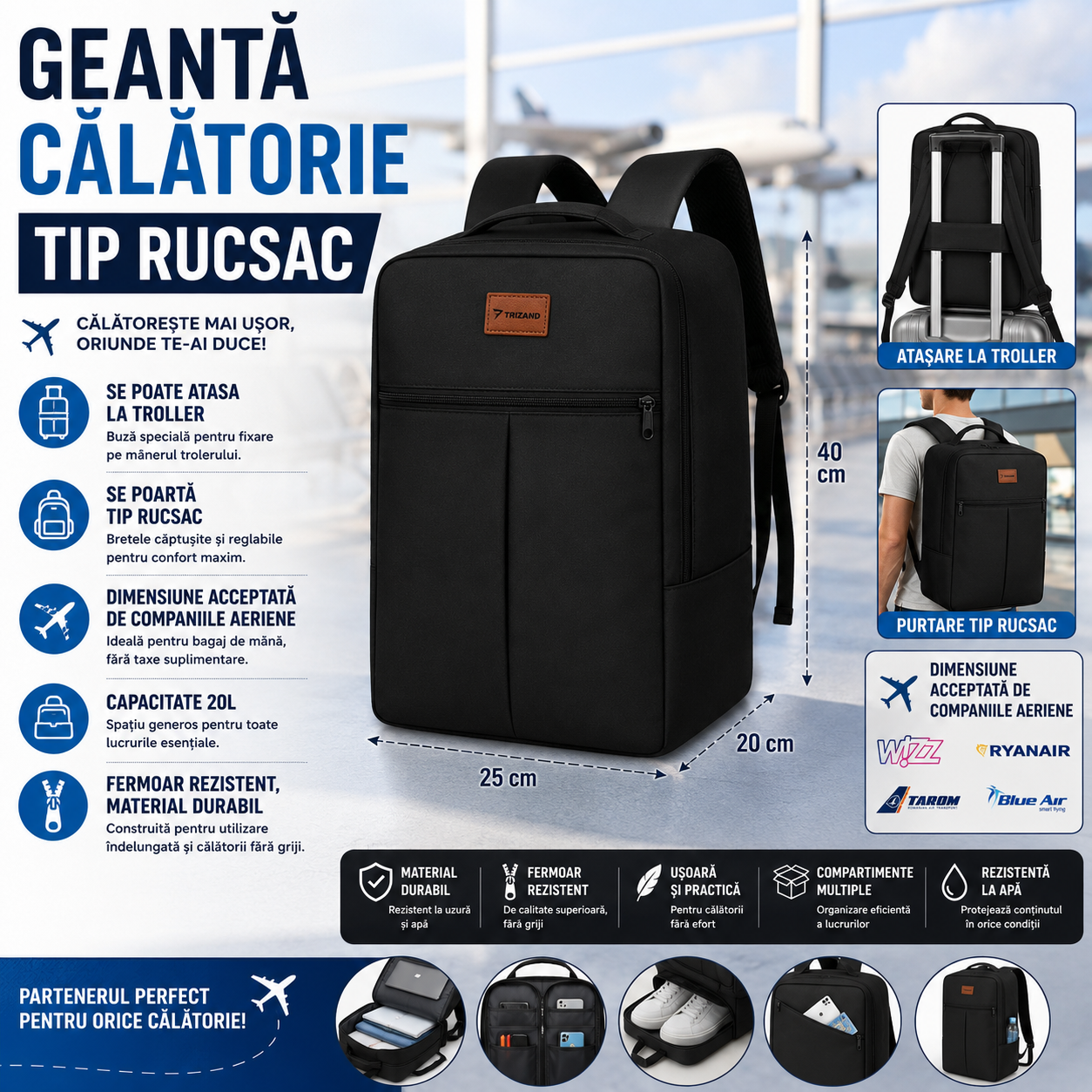 Rucsac, Geanta de calatorie, 20L, 40x25x20cm, 2 Compartimente, Negru