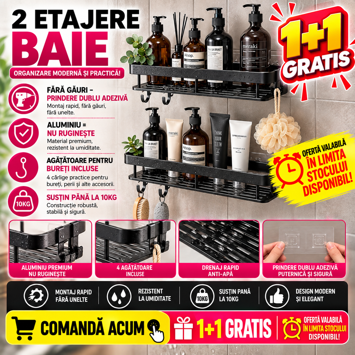 OFERTA 1+1 GRATIS Rafturi pentru baie, rezistente la umiditate, montare usoara, autoadezive, aluminiu, 30 x 13 x 4.7 cm, Negru