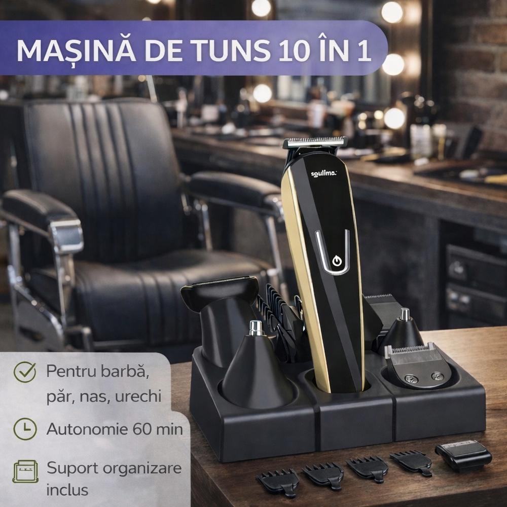 Masina de Tuns Barba si Parul 10 in 1, Autonomie 60 min, Nas, Urechi, Suport, Acumulator