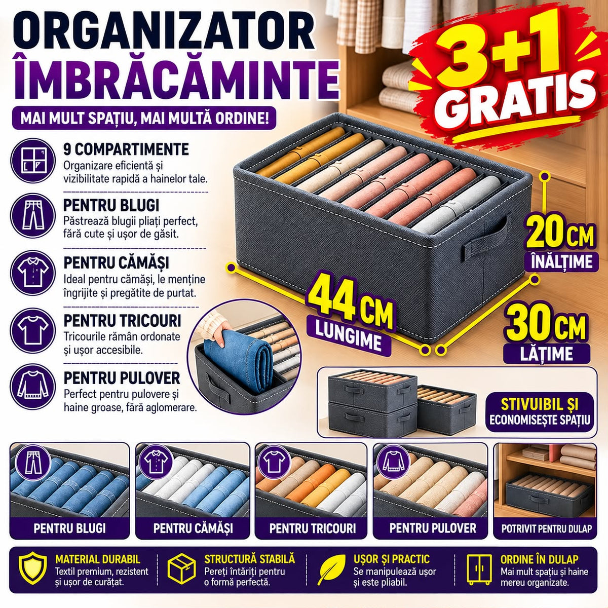 3+1 GRATIS Organizator imbracaminte cu 9 compartimente pentru blugi, pulovere, camasi, 44x30x20 Gri