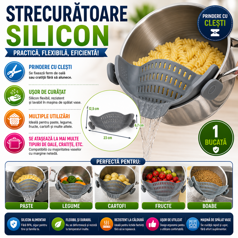Strecuratoare din Silicon pentru Oale, Cratite, cu Clesti de Prindere, pentru Paste, Legume, Se Potriveste Oricarei Marimi, Gri