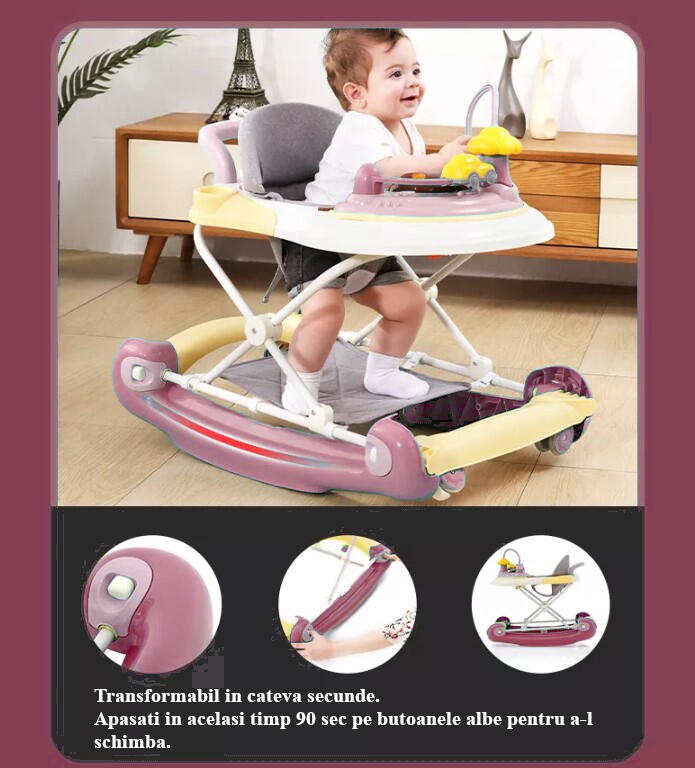 Premergator copii 6in1, Pliabil, Reglabil, Convertibil, Antepremergator, Tavita mancare, Copertina, Muzica, 5 trepte viteza, Jocuri, Sistem Franare, Roz