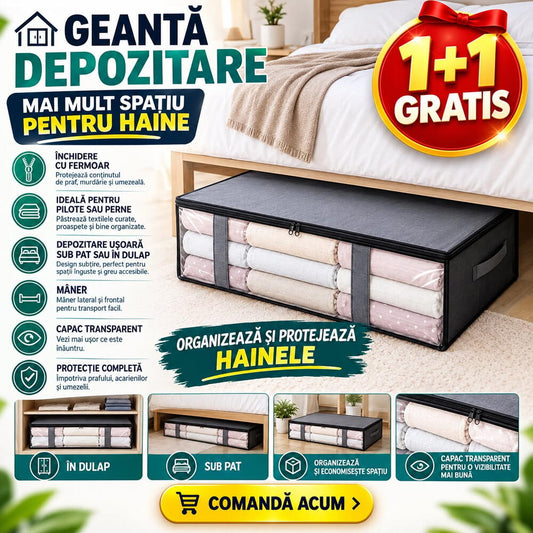 1+1 GRATIS Geanta depozitare haine sub pat, Inchidere cu fermoar, Rezistent la praf si umiditate, Durabil, Respirabil, Usor de pliat si curatat, 60*45*15cm, Negru
