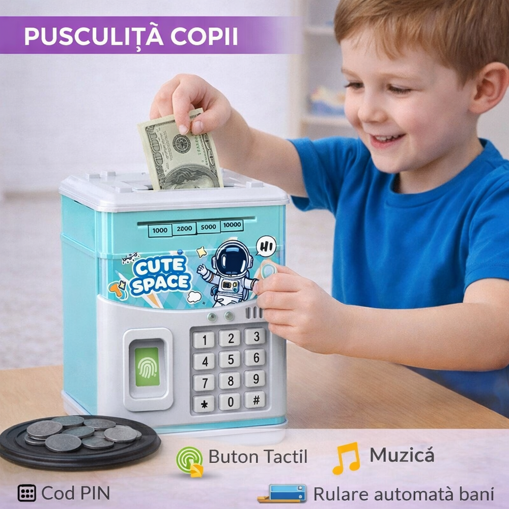 Pusculita pentru copii tip seif, Cod pin si amprenta, Muzica, Rulare automata a banilor, Cute Space, Bleu