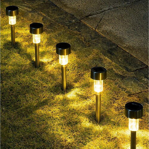 Set 10 lampi solare de gradina, iluminare LED, IP44 pentru alei, terase, spatii exterioare, lumina calda, 37 x 5.5 cm, Negru/ Alb