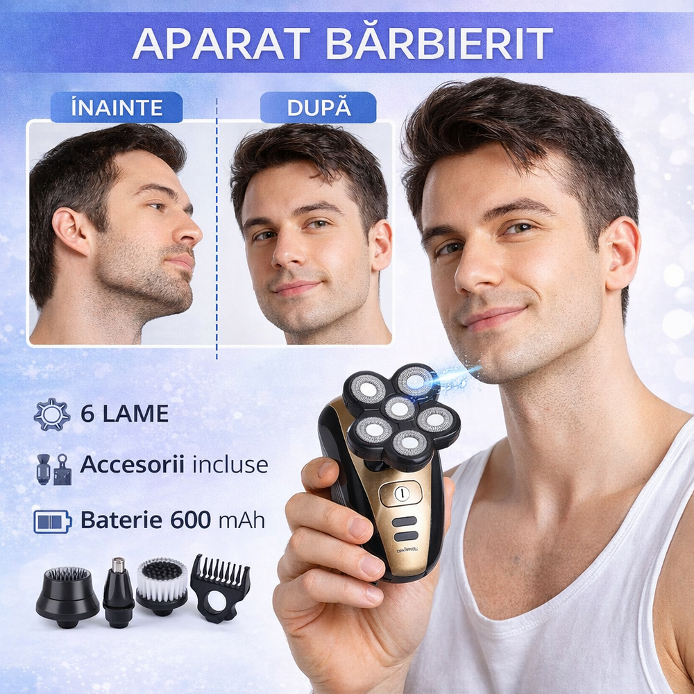 Aparat fara fir de ras, barbierit si tuns, 6 lame, 3 capete interschimbabile, 5 accesorii, IPX6, 600 mAh, USB, 9 x 7.5 x 8 cm, Negru