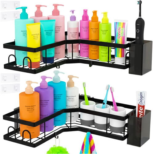 OFERTA 1+1 GRATIS Set Raft de Dus cu Etajere Colt pentru Baie, din Otel Inoxidabil, Organizator Baie cu Montare Usoara fara Gaurire, Design Modern, Negru
