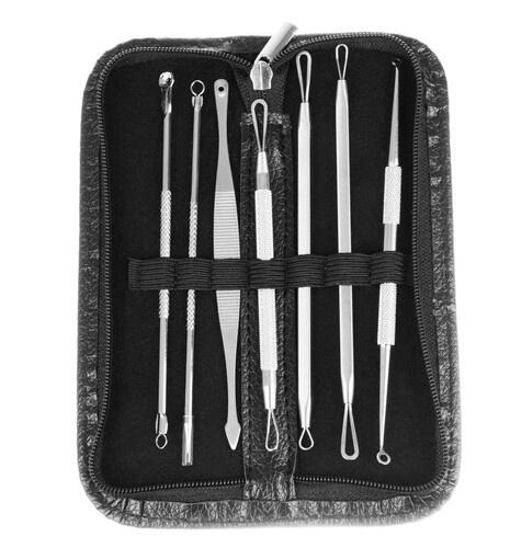 Trusa 7 instrumente din inox, pentru cosmetica, extractia comedoanelor si a punctelor negre, trusa depozitare negra
