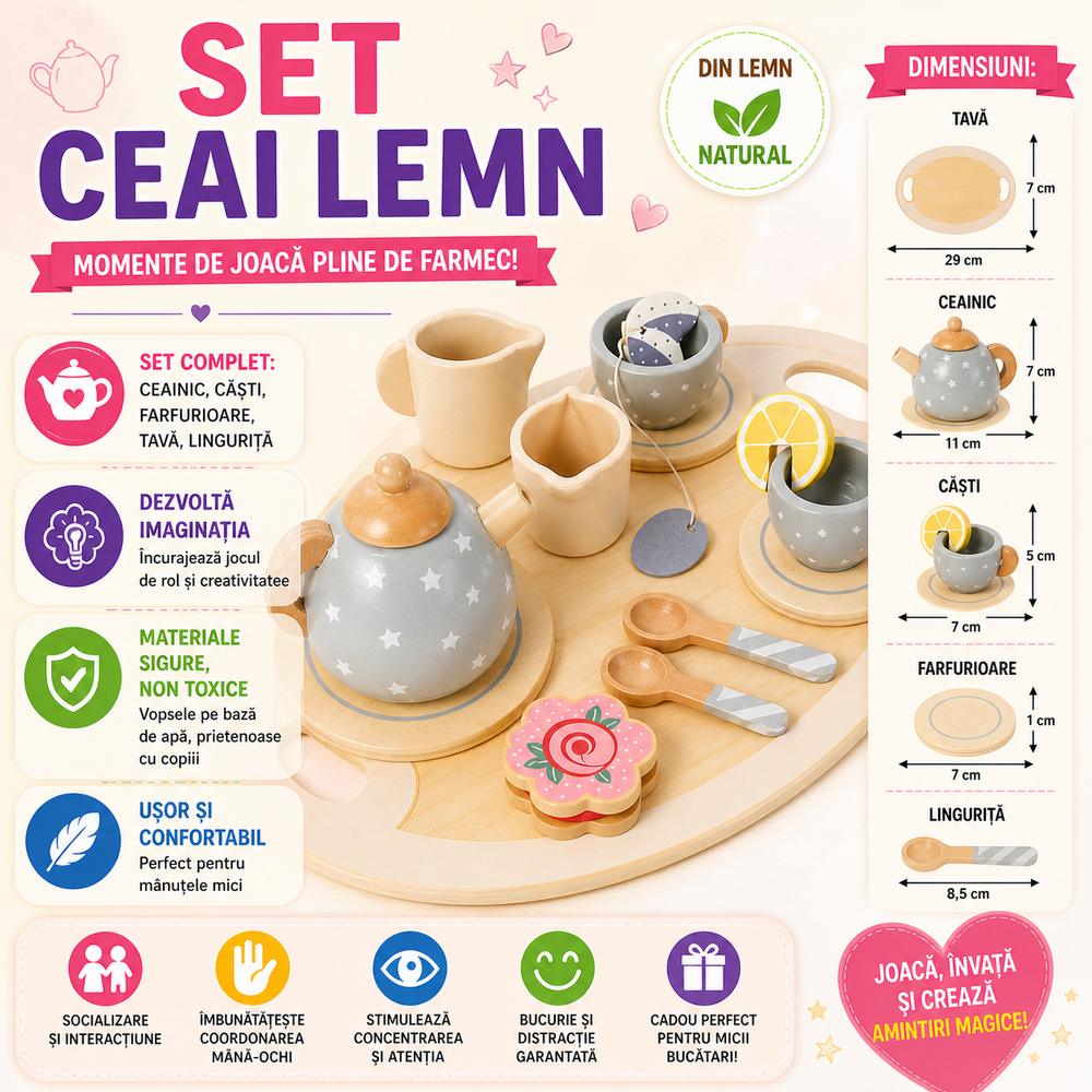 Set de ceai din lemn pentru copii cu accesorii, Montessori, 15 piese, Verde pastel