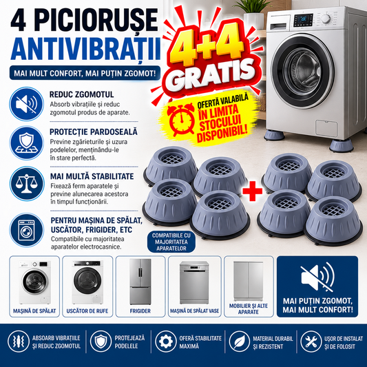 1+1 GRATIS Set 4 picioruse, anti-zgomot si antiderapante, suporti amortizare vibratii masina de spalat, amortizoare uscator de rufe, frigider