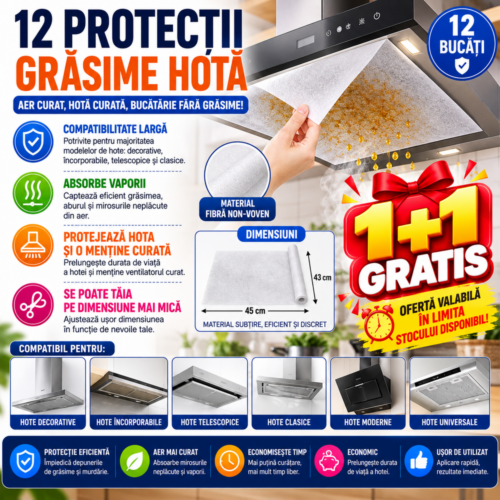 1+1 GRATIS Protectie hota universala pentru grasime, 43x45CM, 12 buc/Rola