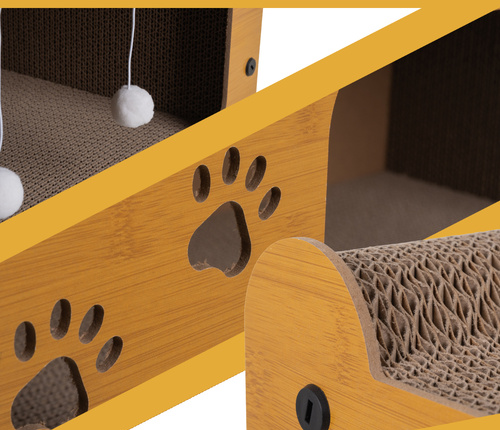 Zgarietor pentru pisic, Tip pat, 2 niveluri, din lemn, cu jucarie suspendata, spatiu mare