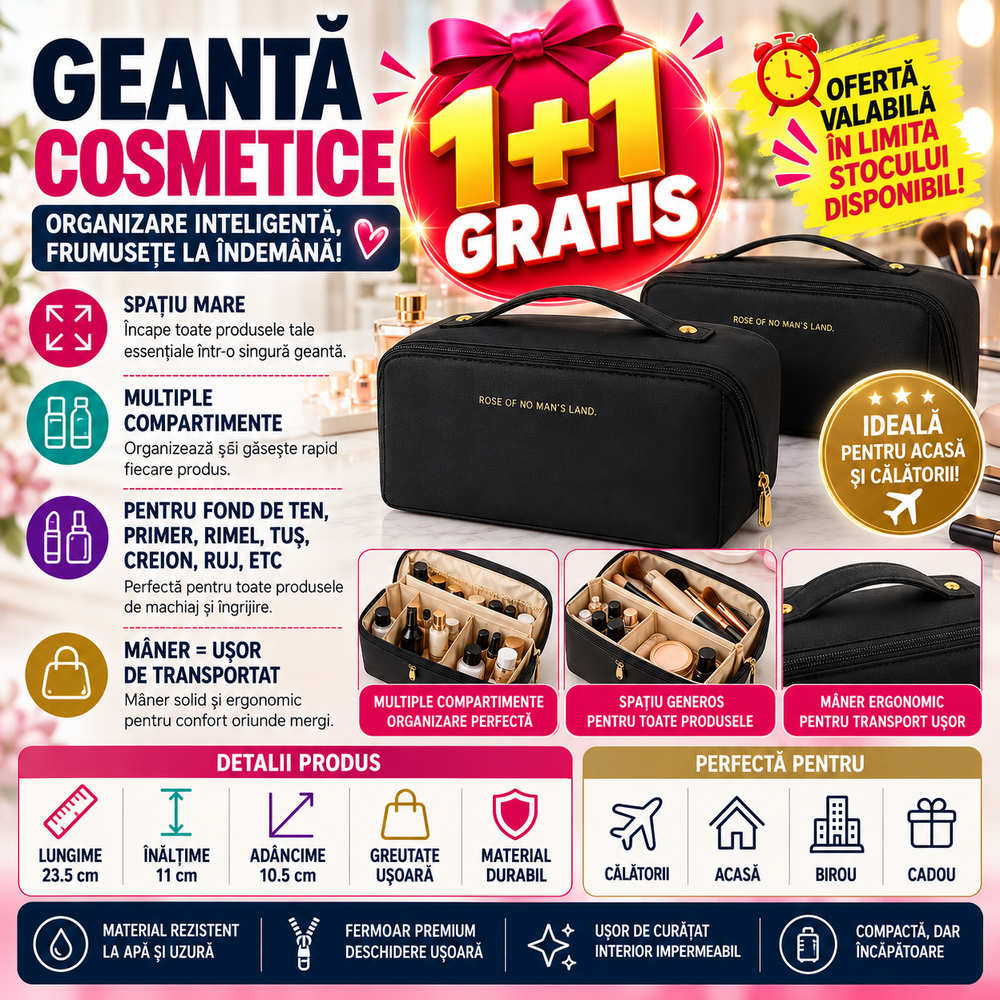 1+1 GRATIS Geanta cosmetice si parfumuri, cu maner, ideal geanta bagaj, Negru
