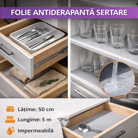 Folie antiderapanta pentru sertare, Impermeabila, Grosime 0.7 mm, 500 x 50 cm, Gri