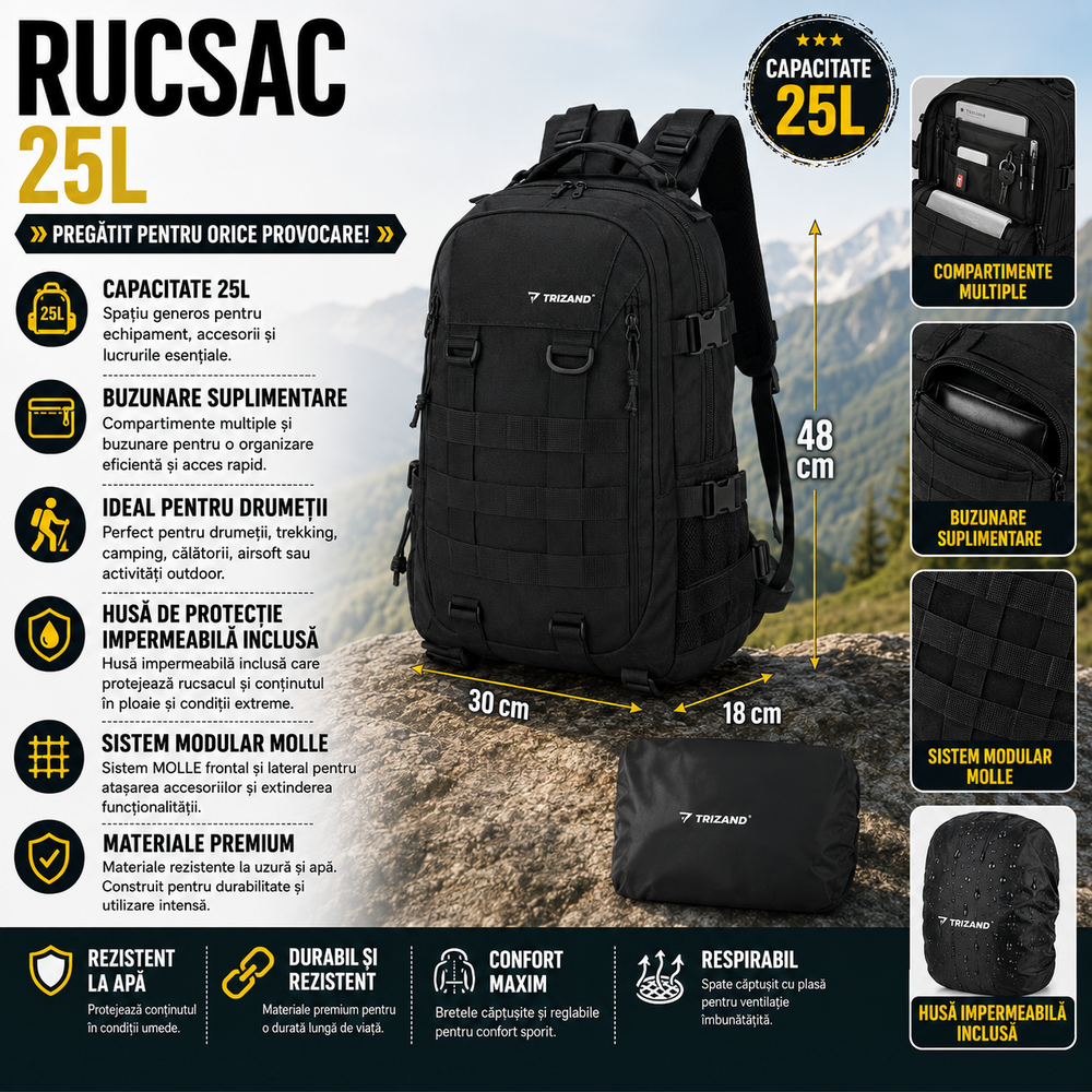 Rucsac De Drumetie 25L, Sistem MOLLE, Husa Impermeabila Inclusa
