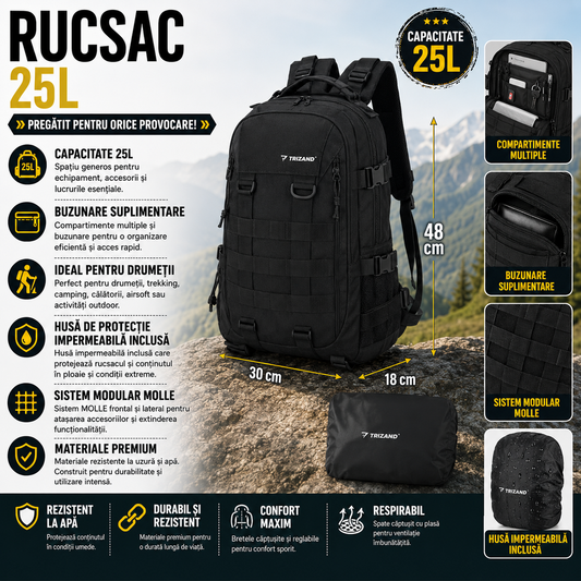 Rucsac De Drumetie 25L, Sistem MOLLE, Husa Impermeabila Inclusa