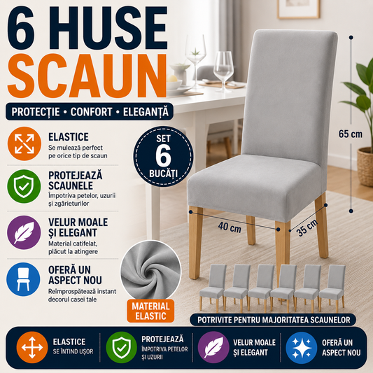 Set 6 Husa Pentru Scaun, 65x40x35 cm, Catifea, Gri , Elastic, Protectie Impotriva Murdariei, Spalare La Masina La 30 De Grade