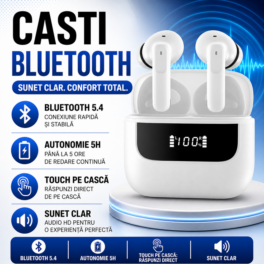 Casti Bluetooth 5.4, Baterie Statie 400mAh, StandBy 150H, Touch pe Casti, Respingere/Raspundere Apel VNC-310, Alb